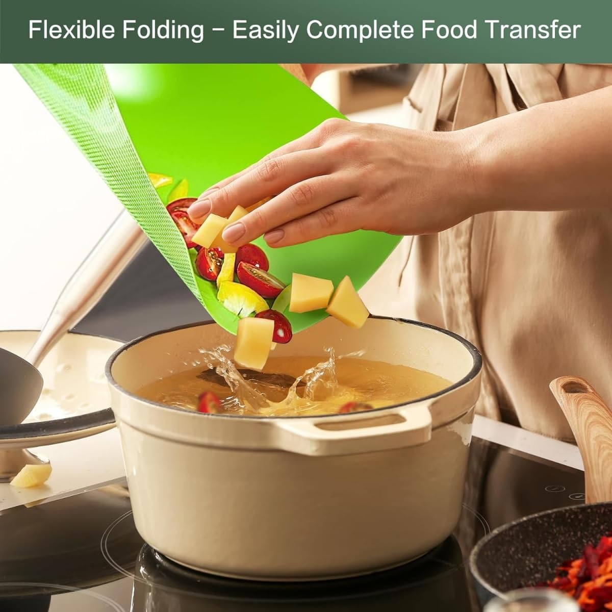 Large Bamboo Chopping Board with 6 Color-Mats, Flexible Colour Coded Cutting Boards Mats Set with Food Icons & Easy-Grip Handles, for Bread, Vegetables, Fruits, Meats, Fish image number 5