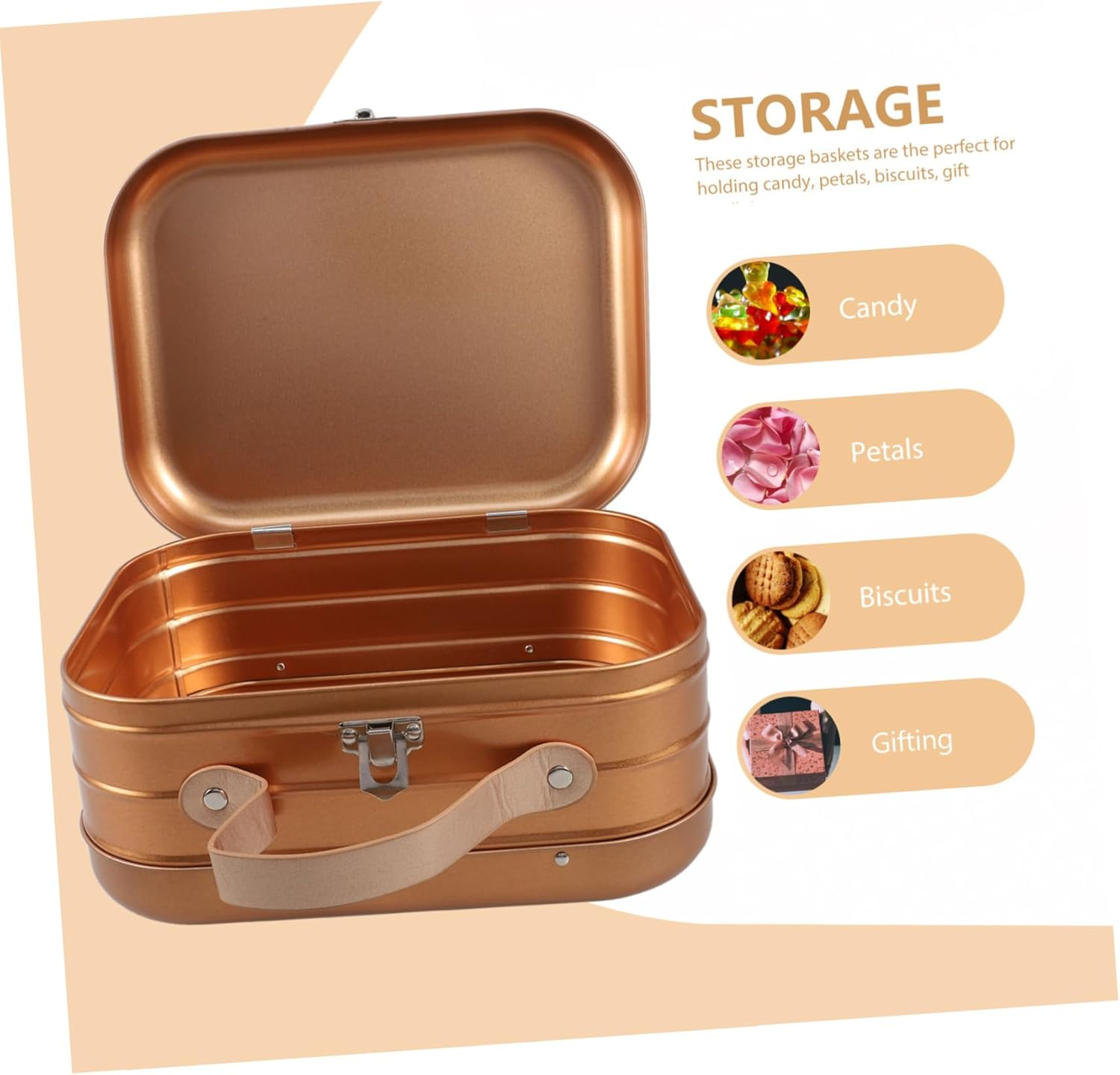 Tinplate Keepsake Storage Case Handle 220X170X108Mm Gold Handheld Packing Box Suitable for Gift Wrapping and Portable Organizing