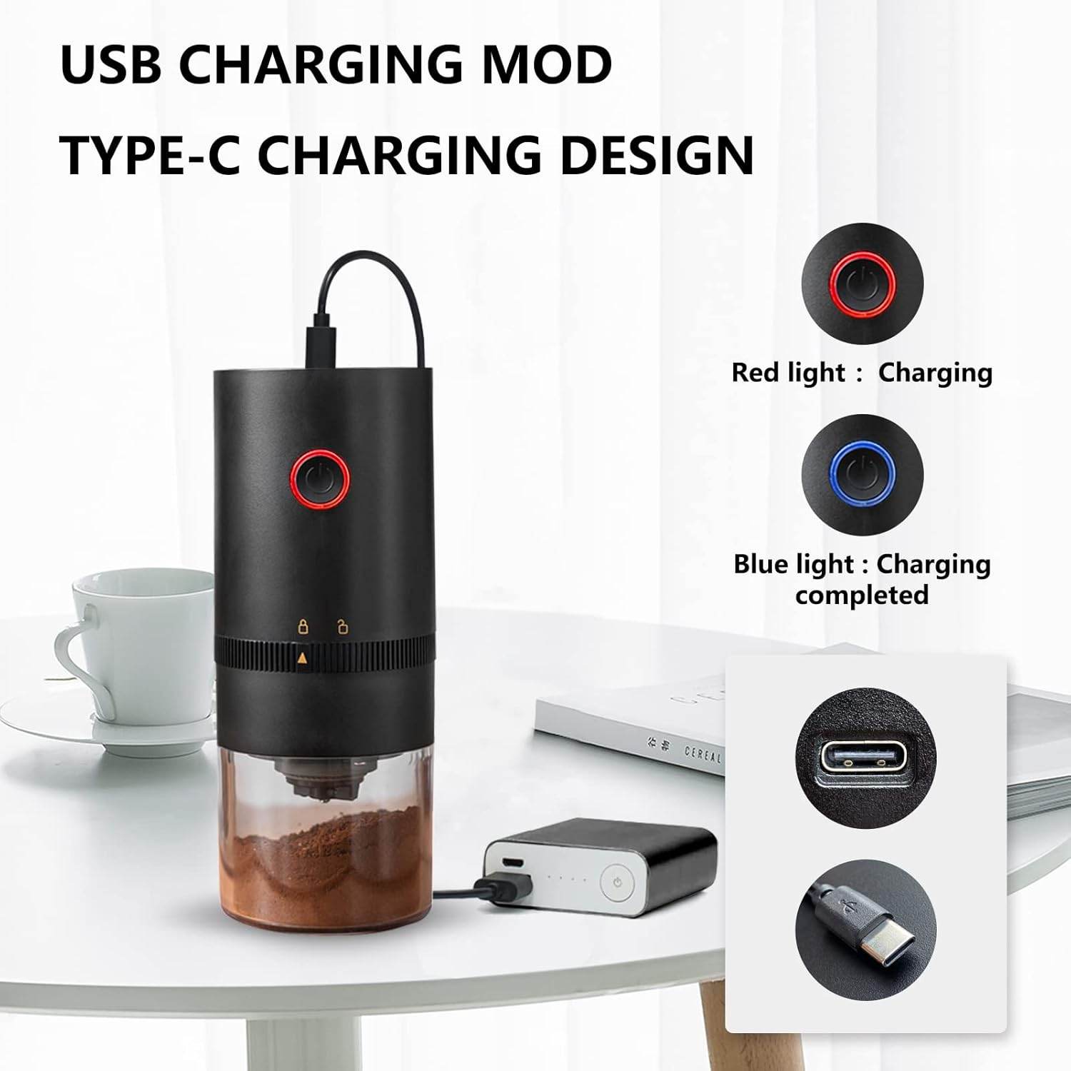 VECH Coffee Grinder, Electric Burr Coffee Grinder, Portable Coffee Bean Grinder,With Multiple Grind Settings,Rechargeable, Black image number 3