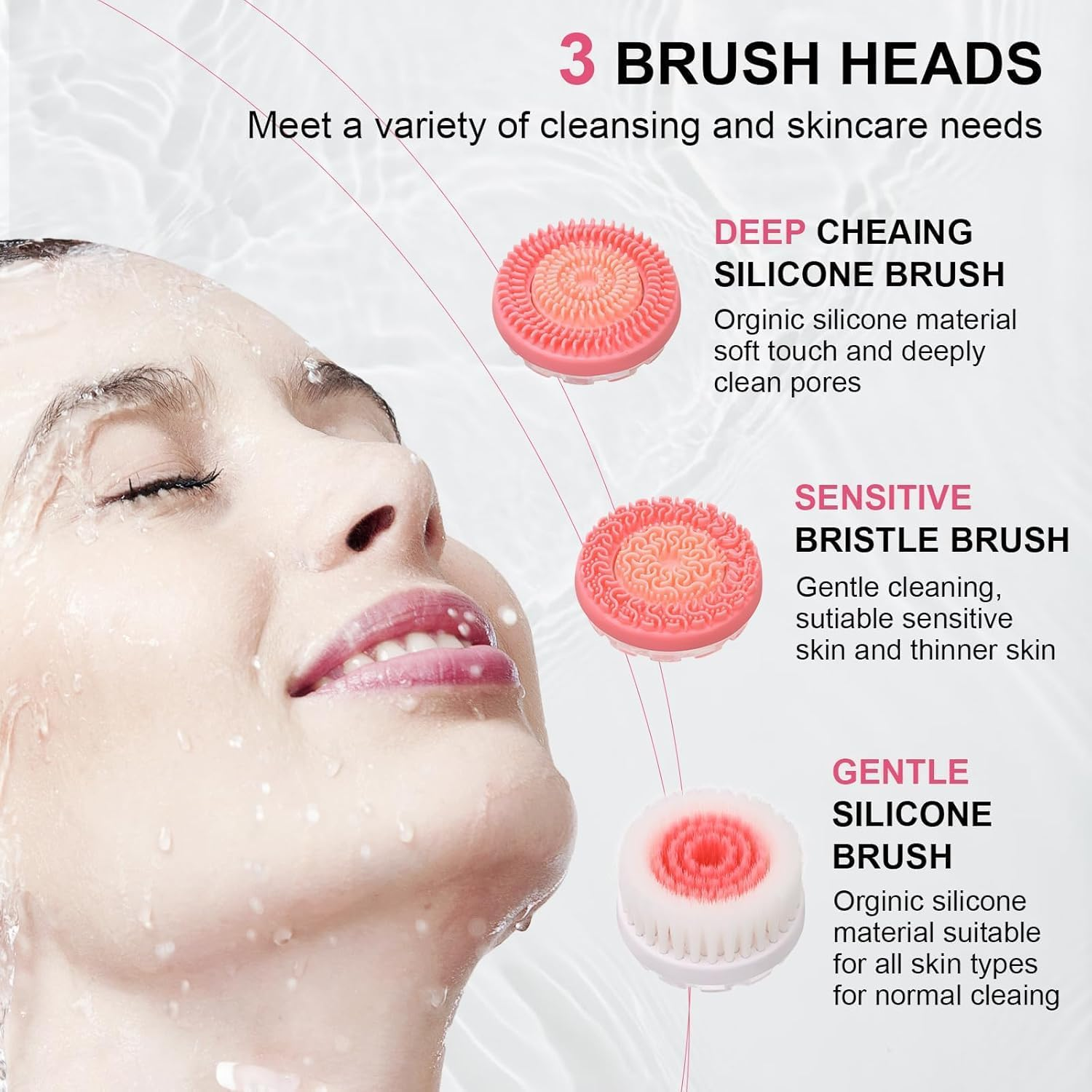 Waterproof Rechargeable Facial Cleansing Brush - Deep Cleansing & Exfoliating Face Scrubber W/ 3 Brush Heads, 2 Speeds, Dual Rotation image number 3