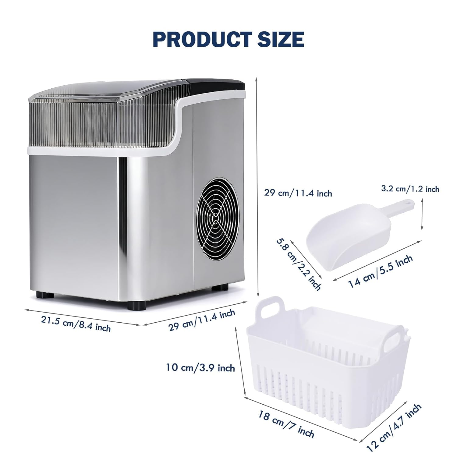 Portable Countertop Ice Maker, 9 Bullet Ice in 6&ndash;10 Mins, 12&ndash;15Kg/24H, 1.5L Water Tank, Auto-Clean Stainless Steel Icemaker with Basket & Scoop for Home, Office, Bar (Stainless Steel, 1.5L) image number 2