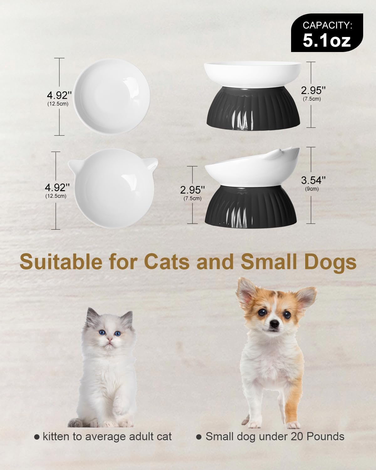 2 Ceramic Raised Cat Food and Water Bowls, Elevated Pet Bowl Set for Indoor Cats and Small Dogs, Anti-Vomiting Feeder with Plastic Base, Dishwasher Safe, Black