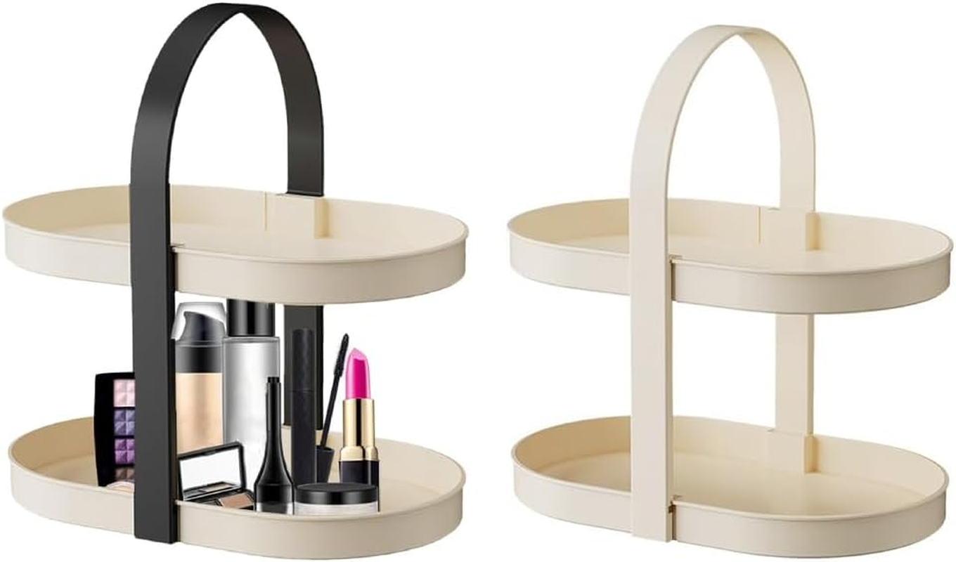 Ranqisys Double-Layer Oval Cosmetic Storage Rack, Plastic Vanity Organizer for Skincare, Perfume & Jewelry, Portable Countertop Makeup Shelf with Handles, Space-Saving for Bathroom, Bedroom, or Office image number 4