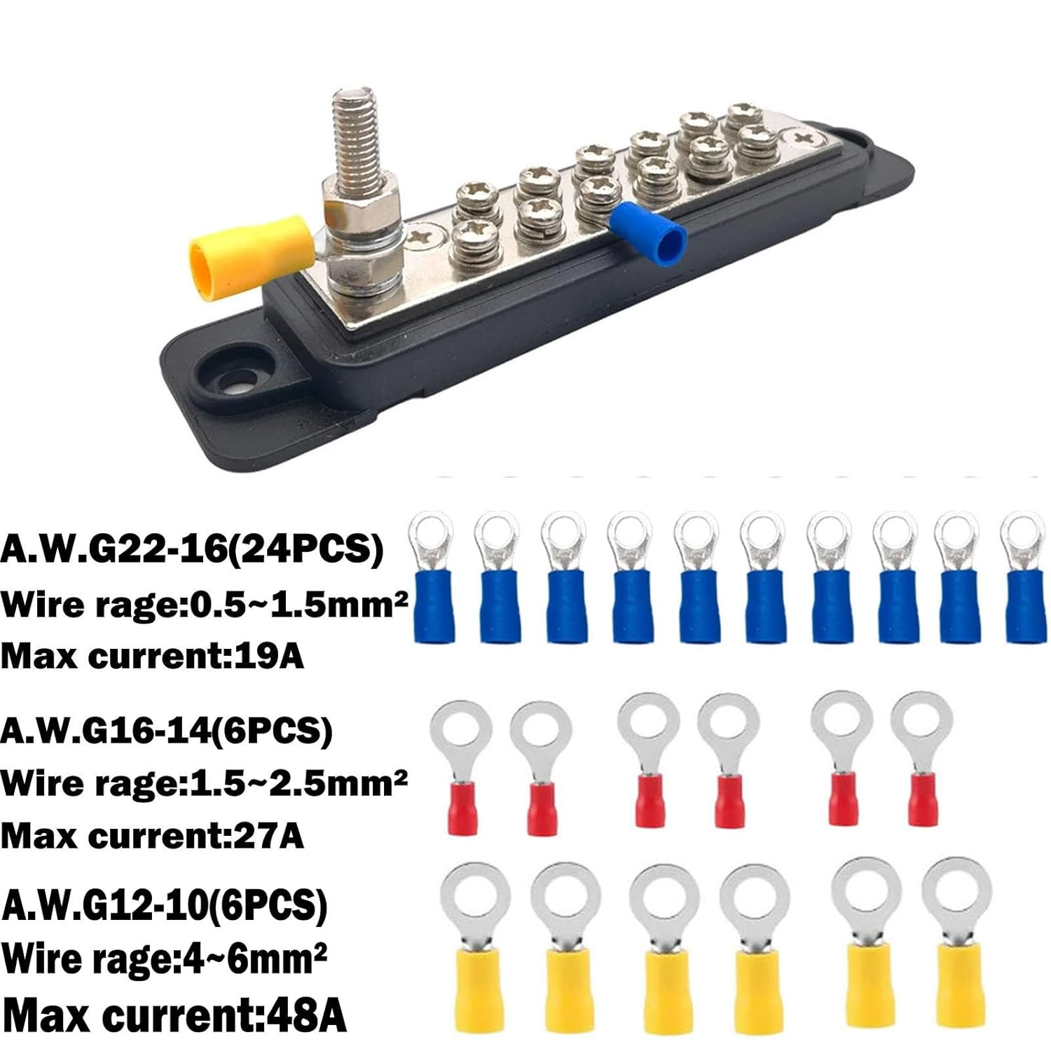 Power Distribution Block 12V 150A 1/4" Stud Marine Bus Bar 12 Volt DC Battery Busbar for Boat Au Tomotive Solar Wiring (Black+Red) image number 4