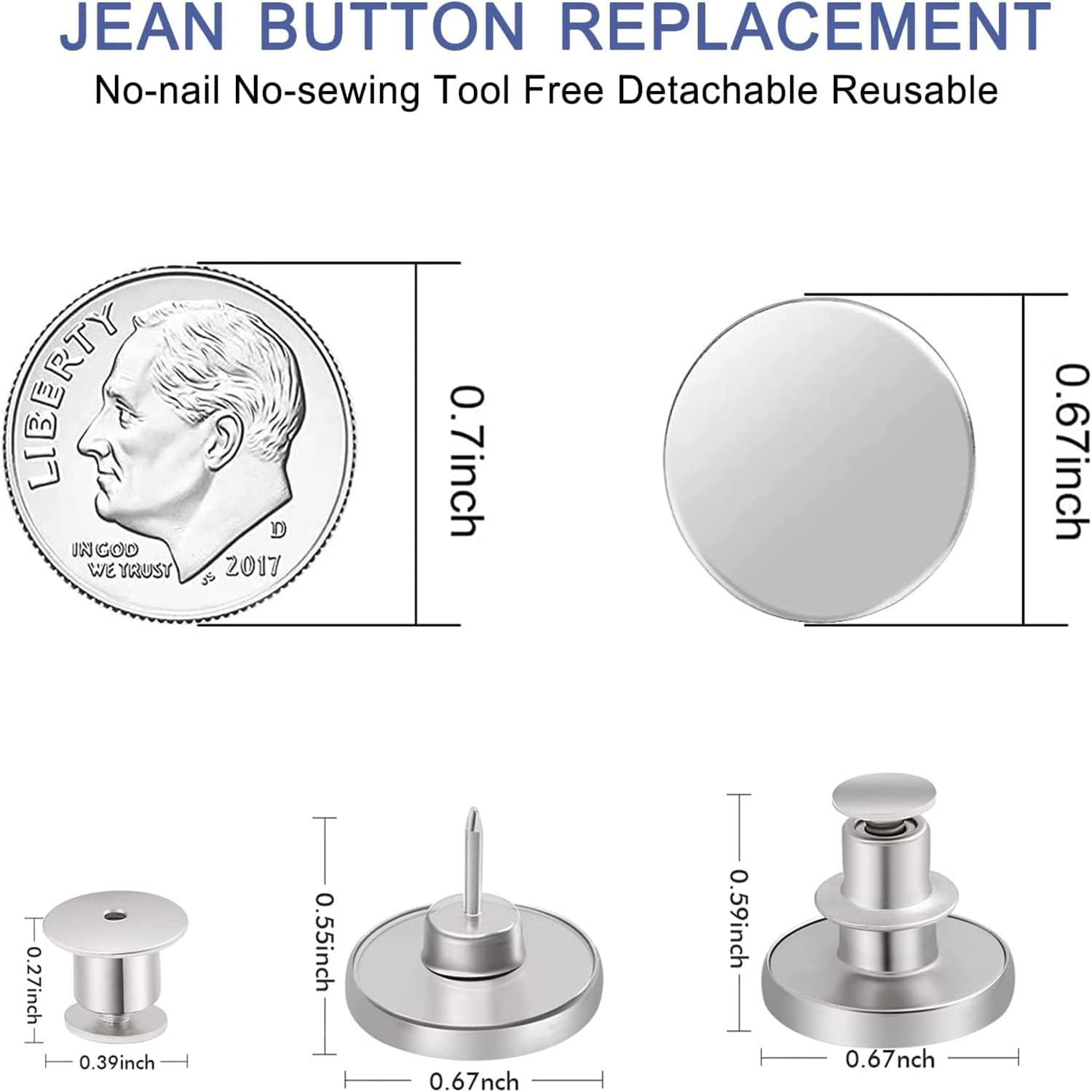 12 Sets Instant Replacement Snap Buttons for Jeans &ndash; No Sew & No Tools Metal Adjustable Pants Button Tightener, Reusable Jean Buttons for Loose Denim Repair (Glossy Silver-12Pcs) - Lettering Silver-12Pcs image number 3