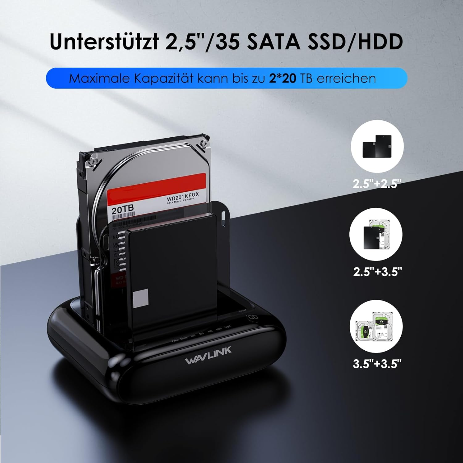 WAVLINK Dual Bay Hard Drive Docking Station - USB 3.0 to SATA I/II/III for 2.5" & 3.5" HDD/SSD with Fixed Bezel, Supports Offline Clone/Duplicator Function, Supports 2X20Tb with UASP 6Gbps - Black image number 1