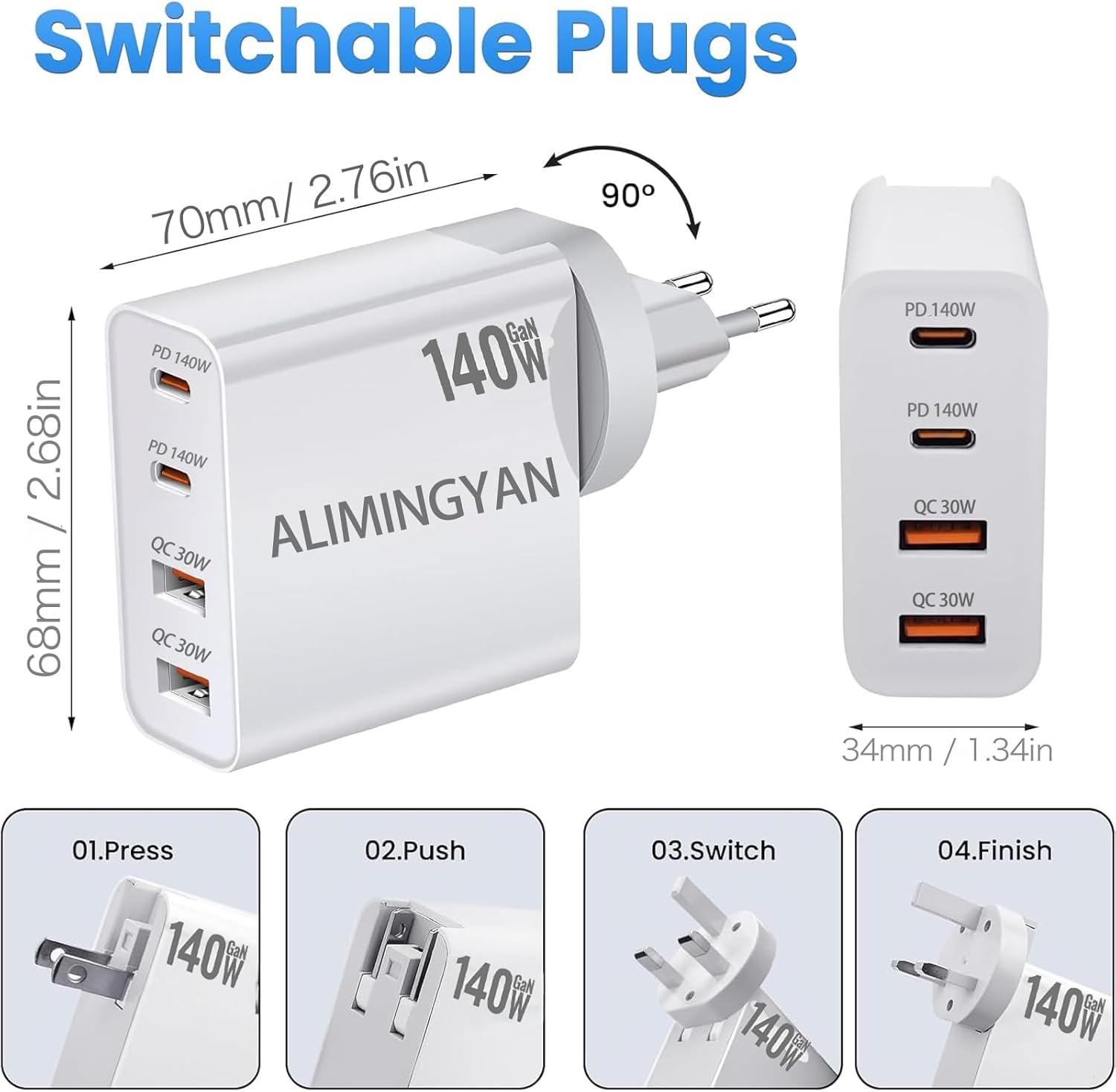 140W USB C Gan Charger - 140W USB-C PD Charger, Qc3.0Wall Charging Block, 2USB-C&2USB-A Laptop Charger Withus, UK, EU, AU Plug Heads&Travel Plugs Compatible with Macbook, HP, Dell, Iphone 16,Forgalaxy image number 5