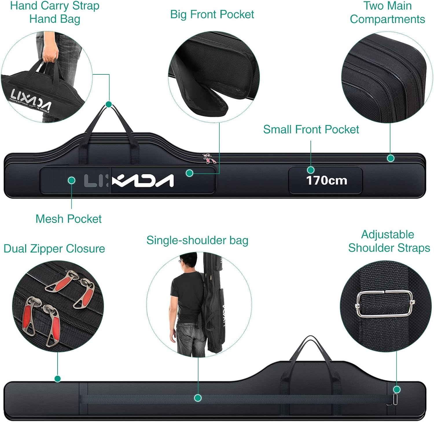 Mingzhe 190Cm Fishing Bag Portable Folding Fishing Rod Reel Bag Fishing Pole Gear Tackle Tool Carry Case Carrier Travel Bag Storage Bag Organizer image number 5