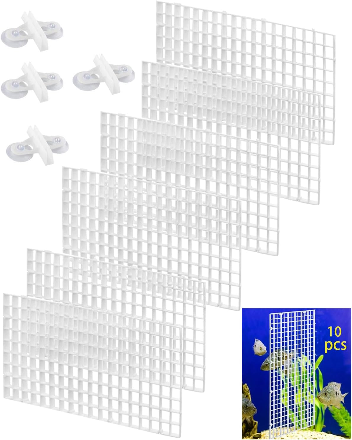 YELINTIAN Fish Tank Bottom Isolations Set, Fish Tank Divider Spliceable, 6 Pcs Aquarium Divider Trays with 4Pcs Suckers for Aquarium Crate Mixed Breeding and Bottom Protection in Aquascaping (Black)