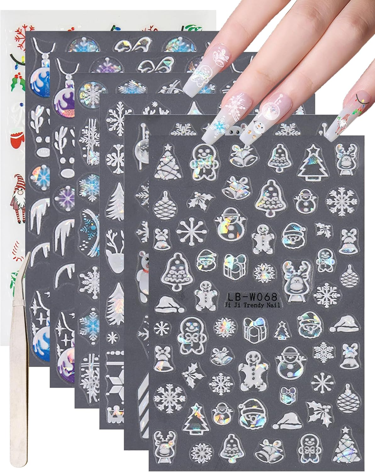 Nail Stickers Christmas Snowflakes 6 Sheets Nail Art Stickers Self-Adhesive Nail Stickers and 1 Tweezers Winter Elk Snowflake Gold Silver Glitter Decoration Stickers Nail Design Accessories Set E