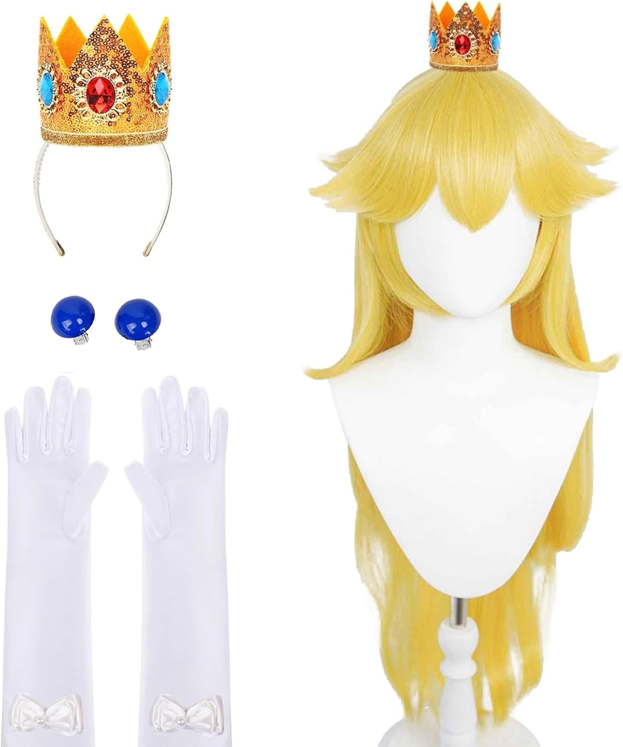 Animacoser Princess Peach Wig Costume Set with Crown, Earrings and Gloves - Wavy Classic Fiber Female, Orange image number 1