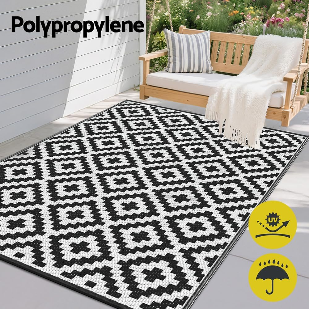 Gardeon Outdoor Rugs, 120X180Cm Large Carpet, Reversible Area Mat, PP Dual-Sided Patio Rug for RV, Backyard, Deck, Camping, Picnic, Cross Design