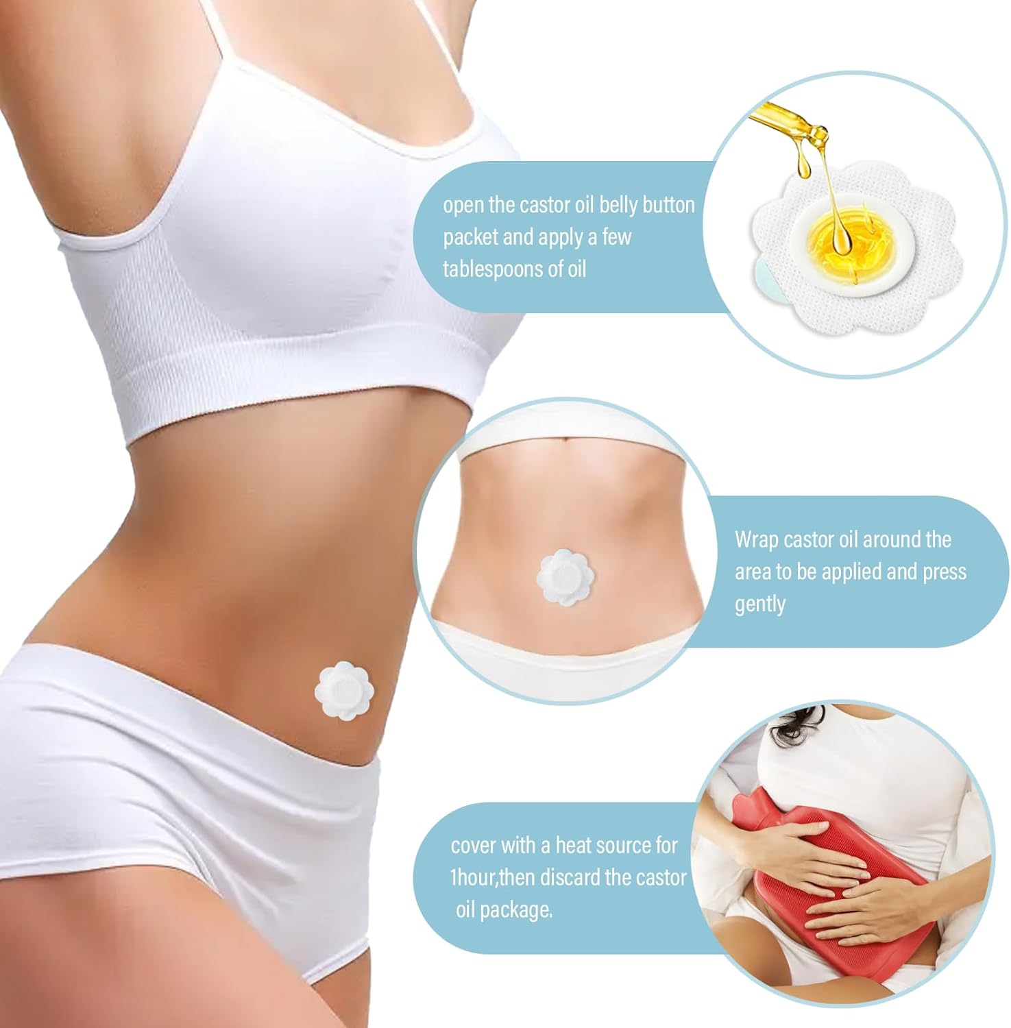 Viiotu 50Pcs Castor Oil Patches + 50 Cotton Cores, Breathable Non - Woven Patch for Women, Portable Multi-Layer Anti-Leak Strong Adhesion Castor Oil Pack, 6Cm/2.36In Castor Oil Belly Button Patch image number 4