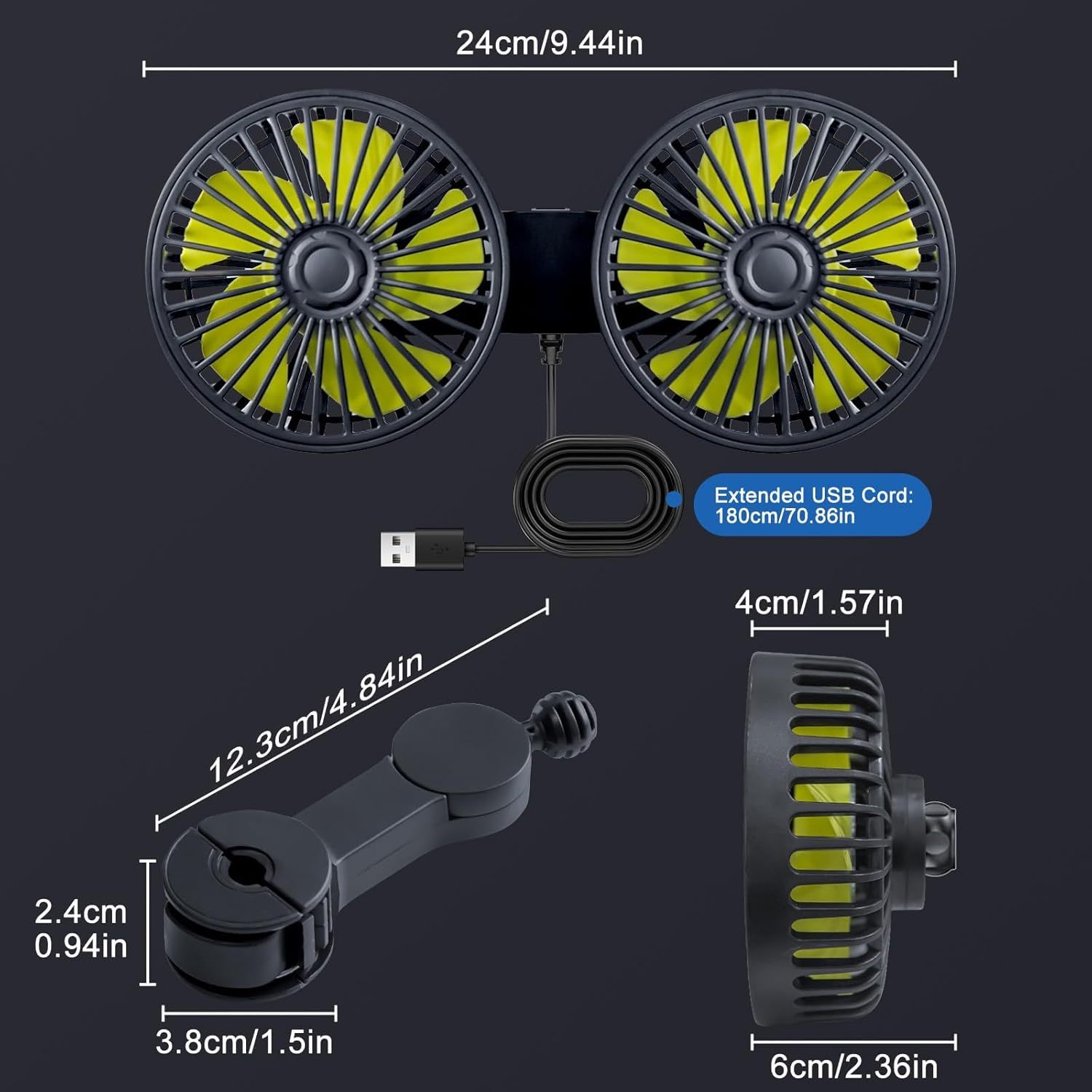 XOOL Car Fans for Backseat - Dual Head USB Cooling Car Fan for Kids, 360&deg; Rotatable Car Rear Headrest Fan, Air Circulation Fan with Adjustable Clip for Vehicles SUV RV Truck image number 2