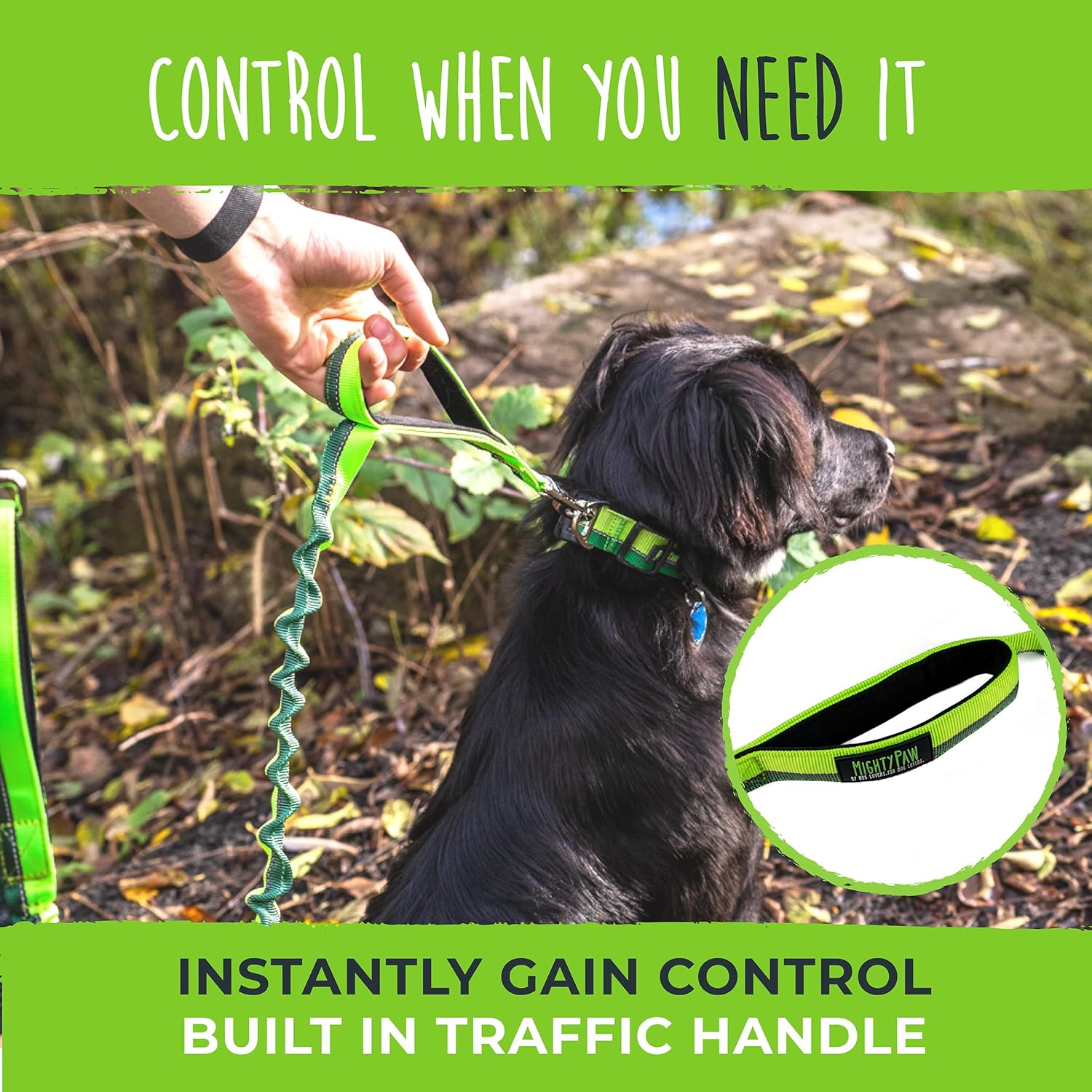 Mighty Paw Hands Free Bungee Leash 2.0 | 4&rsquo; Dog Lead W/Dual Padded Traffic Handles for Running, Hiking & Jogging. Wearable Belt (27-48&rdquo; Waistband) W/ 2 Attachment Loops. Pets up to 150Lb (Green) image number 2