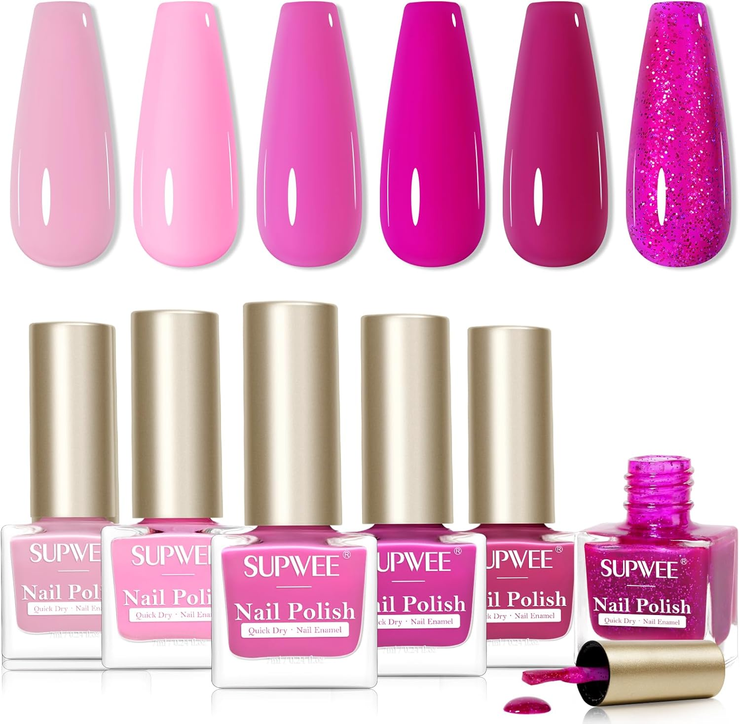 SUPWEE Pink Regular Nail Polish Set, Quick Dry Classic 6 Colors Popular Pink Glitter Easily DIY Stunning Manicure Salon at Home Women - Nude Color image number 4