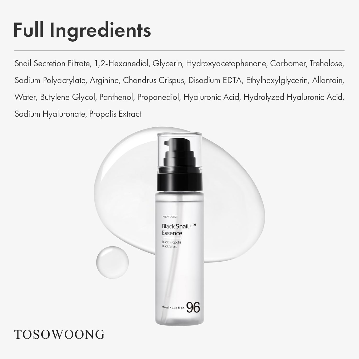 TOSOWOONG Black Snail plus Essence with 960,890Ppm Black Snail Secretion Filtrate, Hydrating Serum, Repairing, anti Aging, Dull Skin, Fine Lines, Sensitive Skin, Korean Skin Care, 100Ml, 3.38 Fl.Oz. image number 5