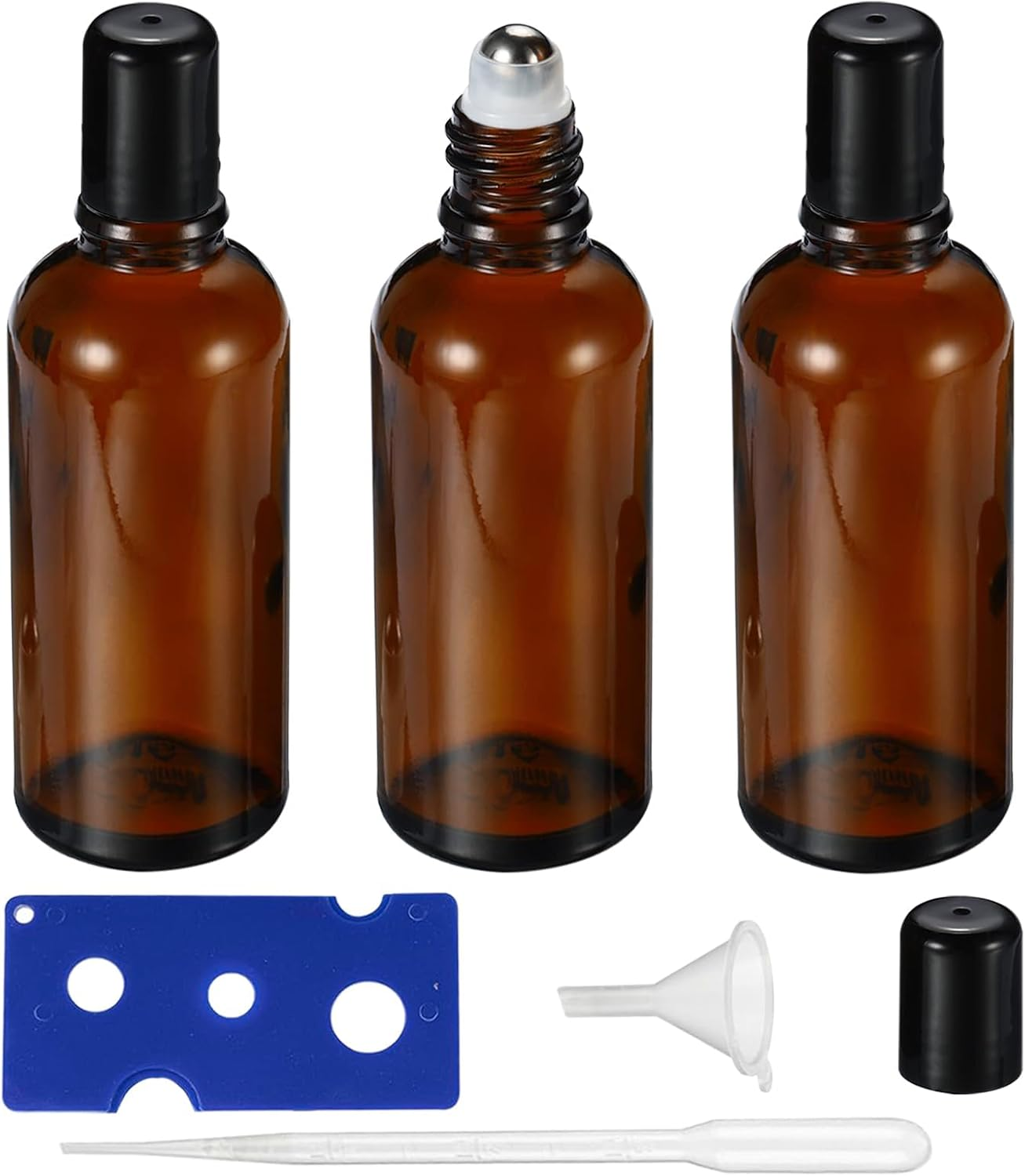 100ML Bottles for Essential Oil, 3 Pack Empty Amber Glass Roller Bottle for Perfume Oil, Roll on Bottles with Stainless Steel Roller Balls, Opener, Funnel and Dropper