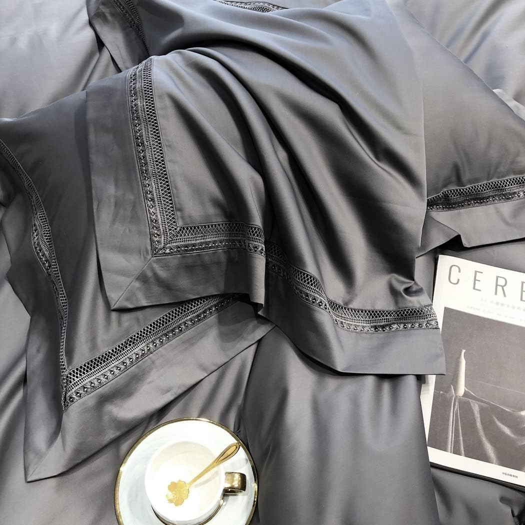 Modern Minimalist Hollow Edge Long-Staple Cotton Four-Piece Set Cotton Cotton Solid Color Quilt Cover Bedding,Black,2000 * 2300Mm image number 3