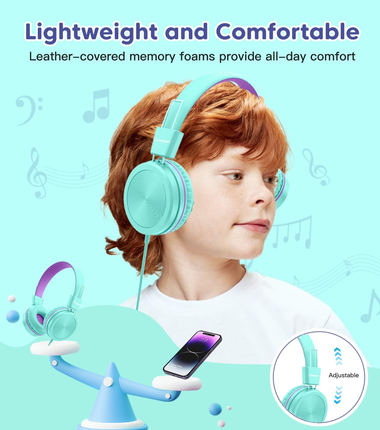 Cowyawn Kids Headphones, Toddler Headphone with Safe Volume Limiter 94Db, Wired School Headphones for Kid, 3.5Mm Adjustable On-Ear Headphone for Boys/Girls/Children/Teens/Ipad/Computer, Purple Green