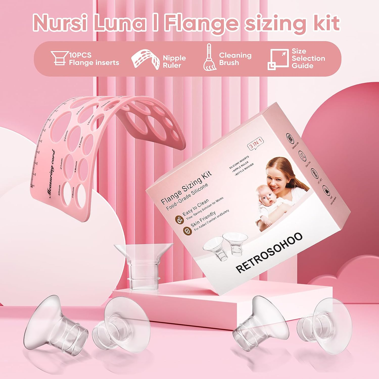 RETROSOHOO Flange Sizing Kit 3-In-1 Ultimate Edition, Includes 10 Flange Inserts 13/15/17/19/21 Mm, Nipple Ruler, Cleaning Brush, Silicone Flange Inserts Parts (Compatible with Momcozy S12 Pro/S9 Pro/S12/S9 Wearable Breast Pump Cups, Suitable for Most 24 Mm Breast Pumps), the Pump Breastfeeding Necessities image number 3
