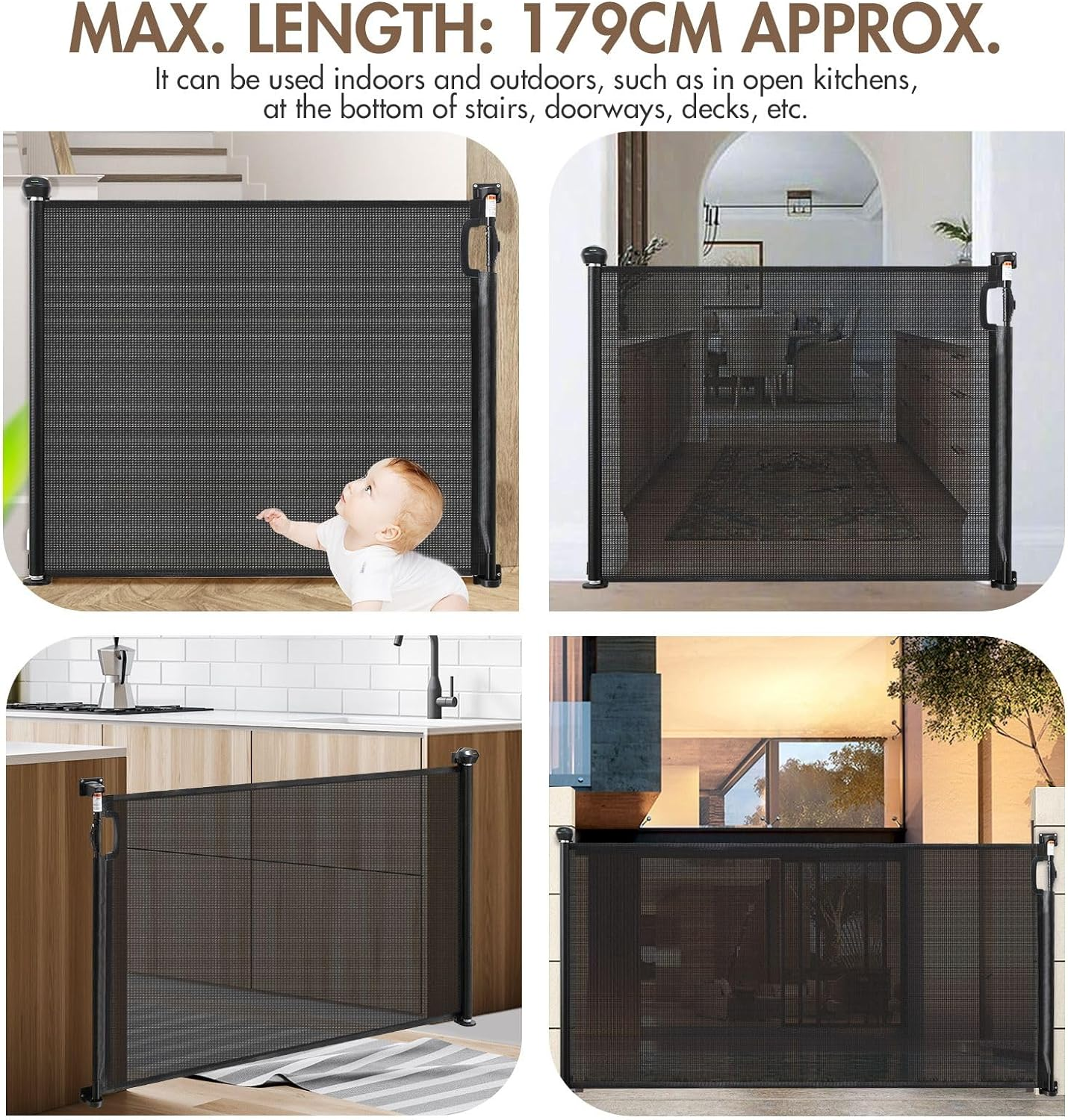 Retractable Baby Gate,Expand up 179CM Width,Pet Safety Fence Dog Safe Guard Enclosure Stair Security Barrier Mesh Indoor Outdoor, Black image number 1