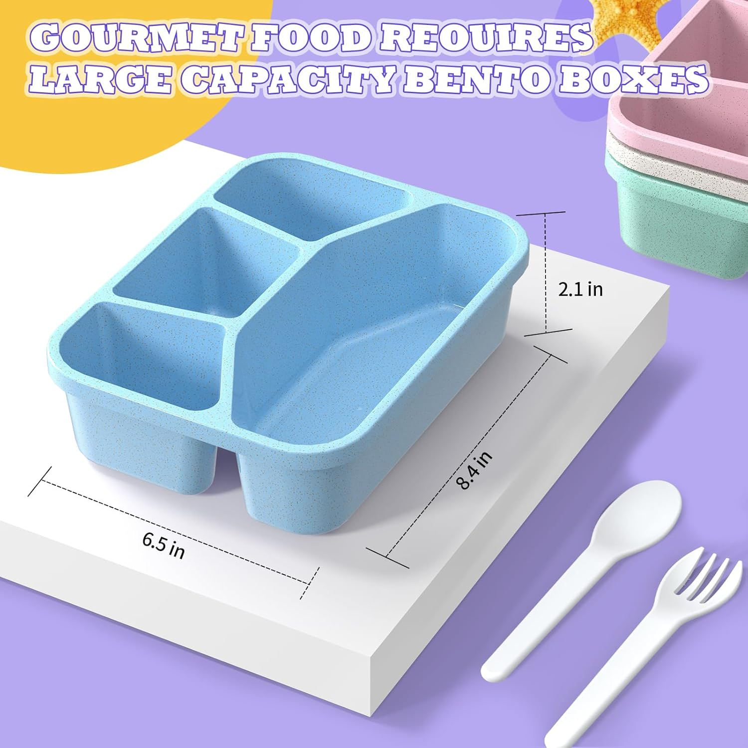 Bento Lunch Box and Snack Containers - 4 Compartments, Durable and Safe Lunch Containers for Adults Kids with Transparent Lid, Microwave Safe, BPA Free - Set of 4 (Wheat (Green/Blue/Pink/Beige))