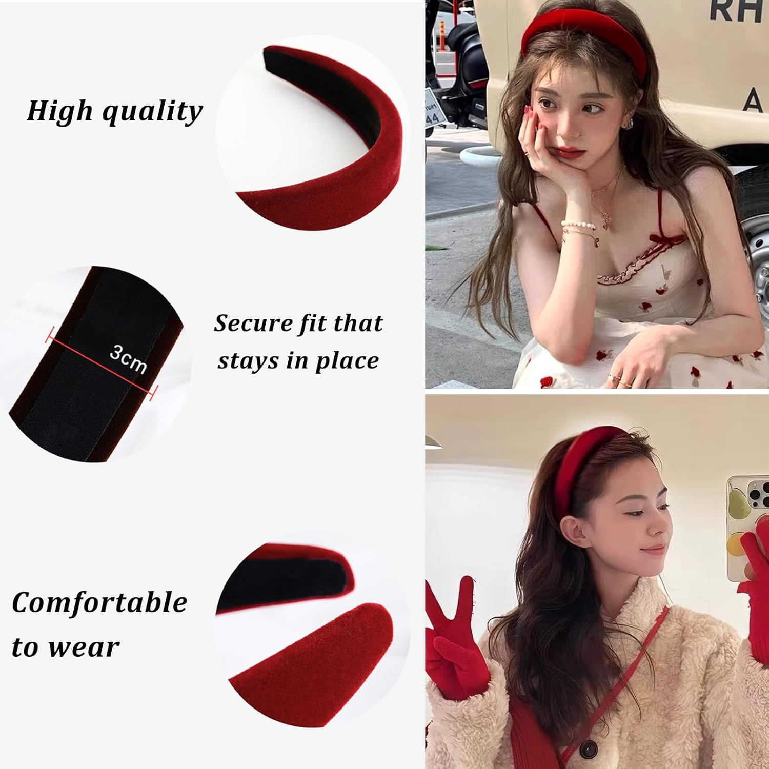 KASESSS 2 Pcs 3Cm Velvet Wide Headbands for Women, Fashion Accessories Headband, Elastic Head Bands Non-Slip Hair Accessories, Caramel Brown Burgundy Headbands for Girls, Head Band for Daily Party image number 4