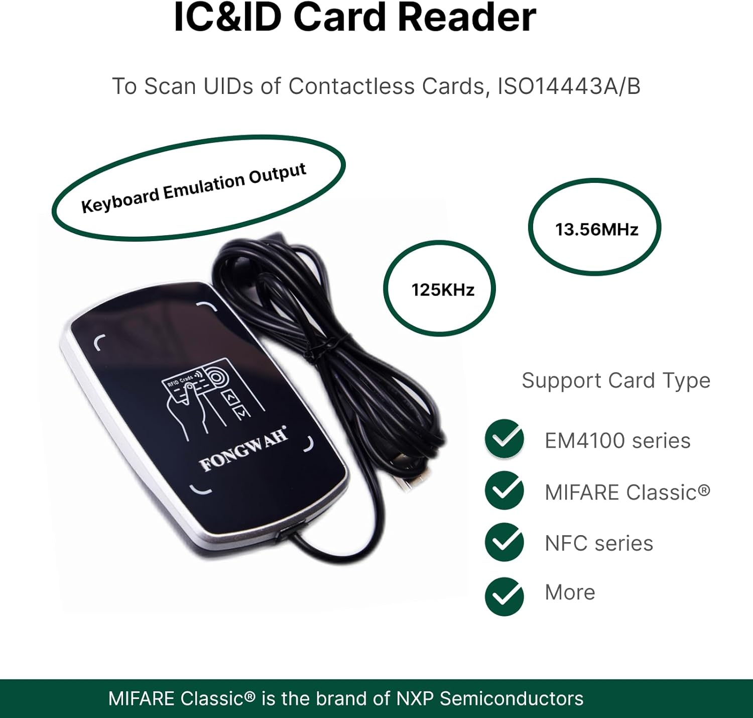 Fongwah Desktop RFID IC and ID Card Reader S7-EU-00-02, Keyboard Emulation Output, Support ISO14443A Cards /S50 Card and 125Khz ID Cards image number 5