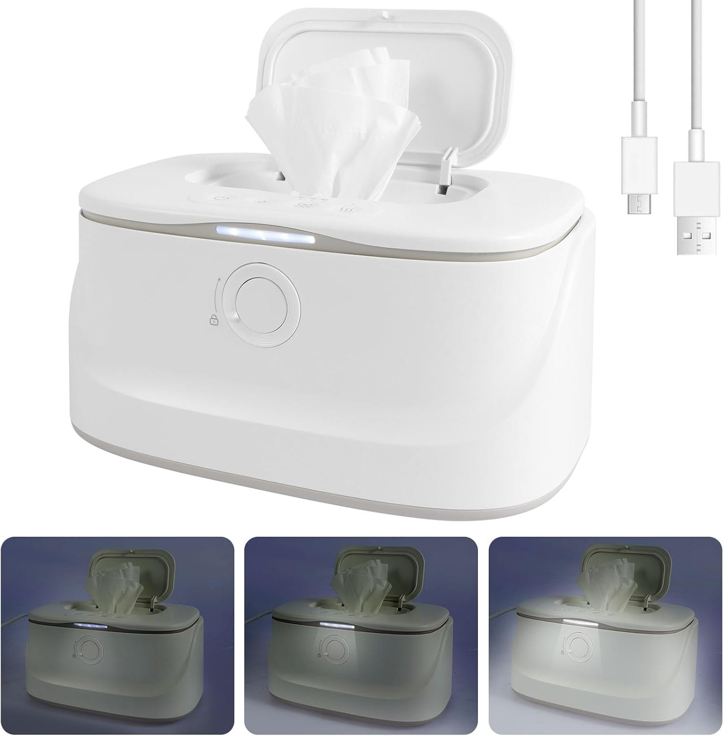 US USB Baby Wipe Warmer with LED Light Baby Wipe Warmer Dispenser 3 Adjustable Temperature Diaper Wipe Warmer Portable Baby Wipe Heater Warmer Keeps Wipes Warm and Moist for Newborns Baby Nursery image number 3