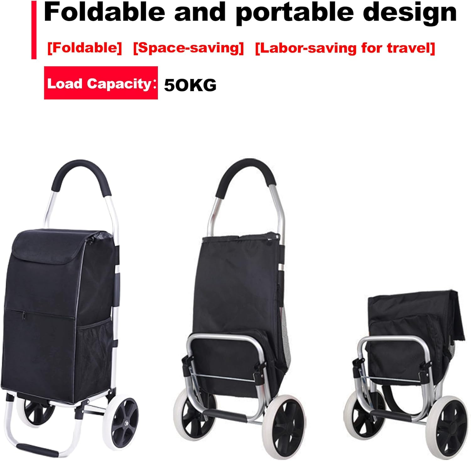 Black Shopping Trolley Cart, Foldable Rolling Dolly with Two Wheels and Removable Bag for Groceries, Shopping, Camping, Laundry, 33 * 28 * 103Cm image number 3