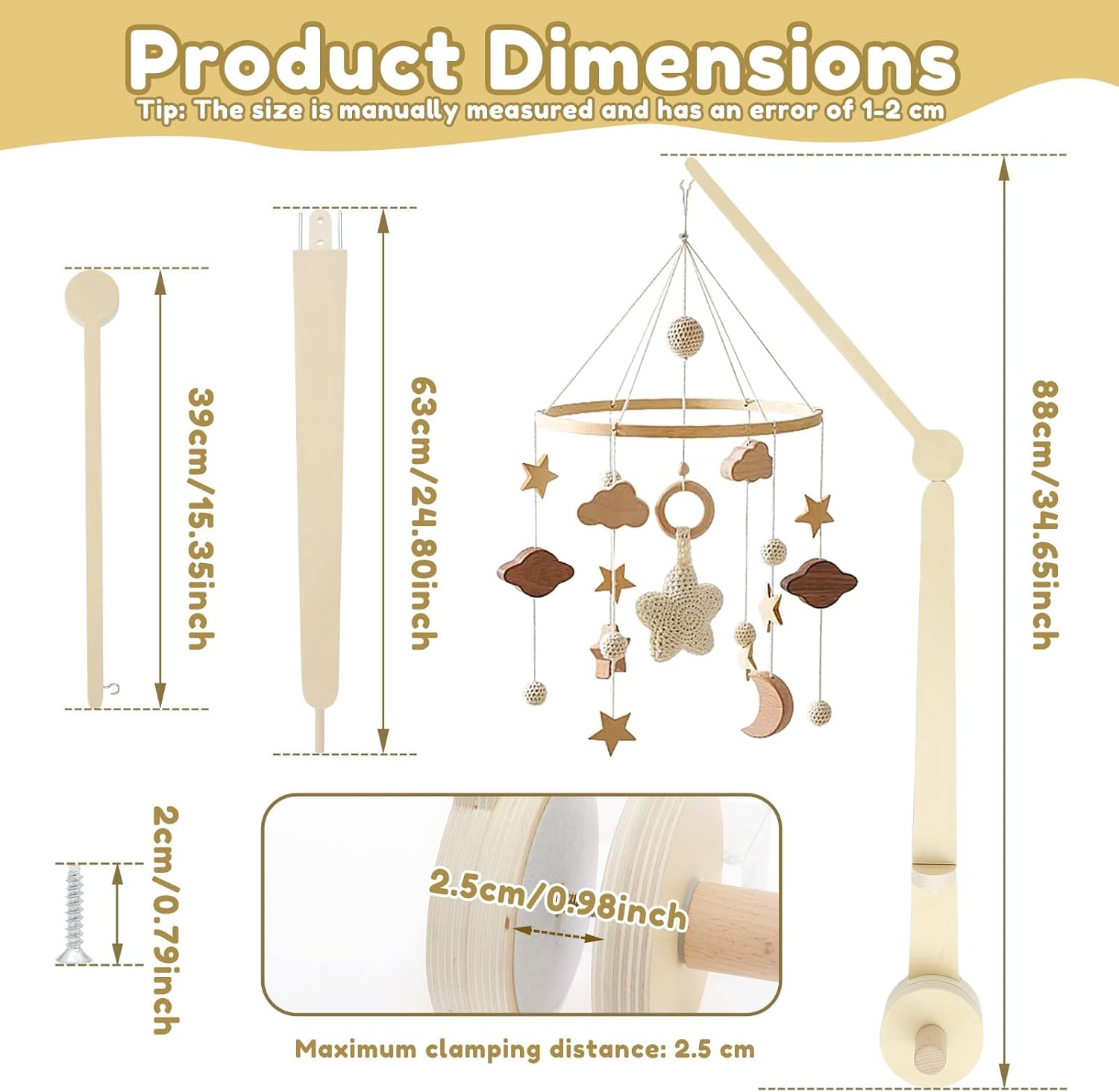 2-Height Adjustable Crib Mobile Arm, Natural Wood Hanger for Baby Bed Musical Toys, Fits Most Standard Baby Cribs & Cots image number 1