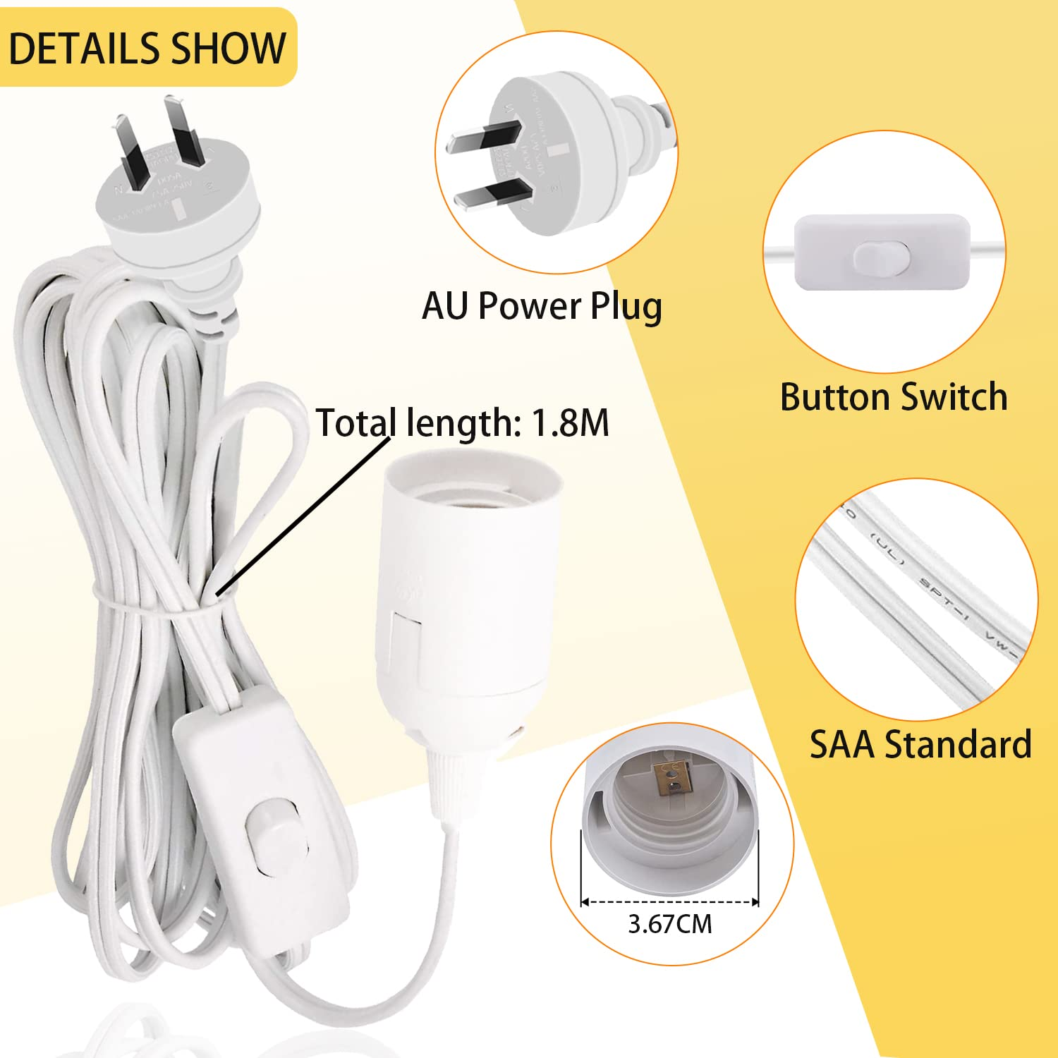 2Pcs E27 Cable Cord with On/Off Switch, E27 Lamp Base Holder Socket AC AU Power Plug, 1.8M White Extension Lights Lamp Bulb Cord for Bedroom Kitchen Plant Growth DIY Hanging Lanterns Pendant Light image number 4