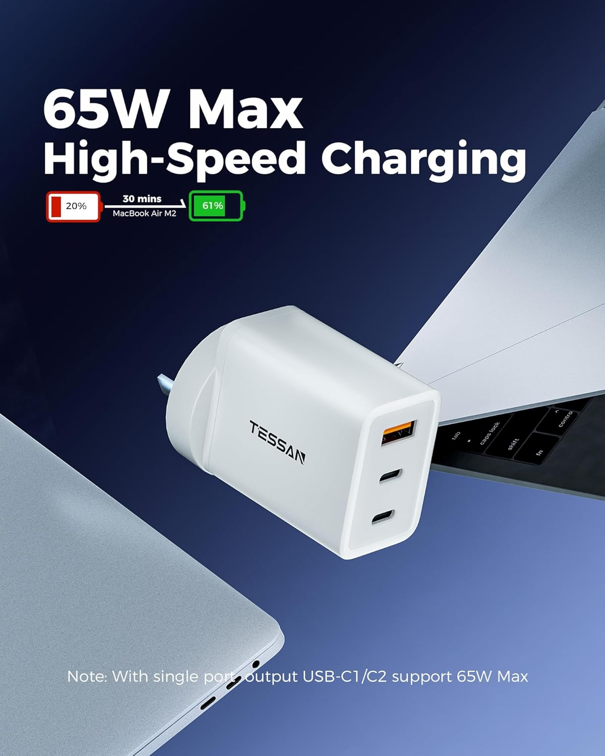 TESSAN 65W USB C Fast Charger, 3-Ports Fast Charging Block with Dual USB-C PD and 1 USB-A QC3.0(60W Max), Gan Power Adapter AU Plug Compatible for Iphone 16/15/14/13,Macbook Pro,Ipad,Samsung and More image number 1
