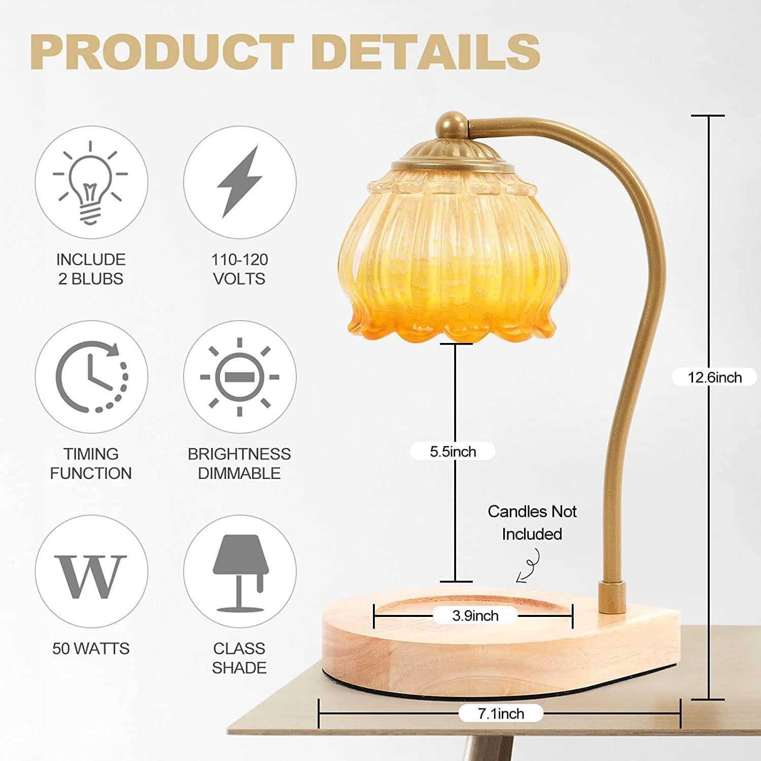 Candle Warmer Lamp with Timer Dimmer,Heat Adjustable,Wax Melt Warmer with 2 Bulbs,Home Decor beside Lamp Gifts for Jar Candles,Scented Candles,Home Decoration (Retro Yellow) image number 5