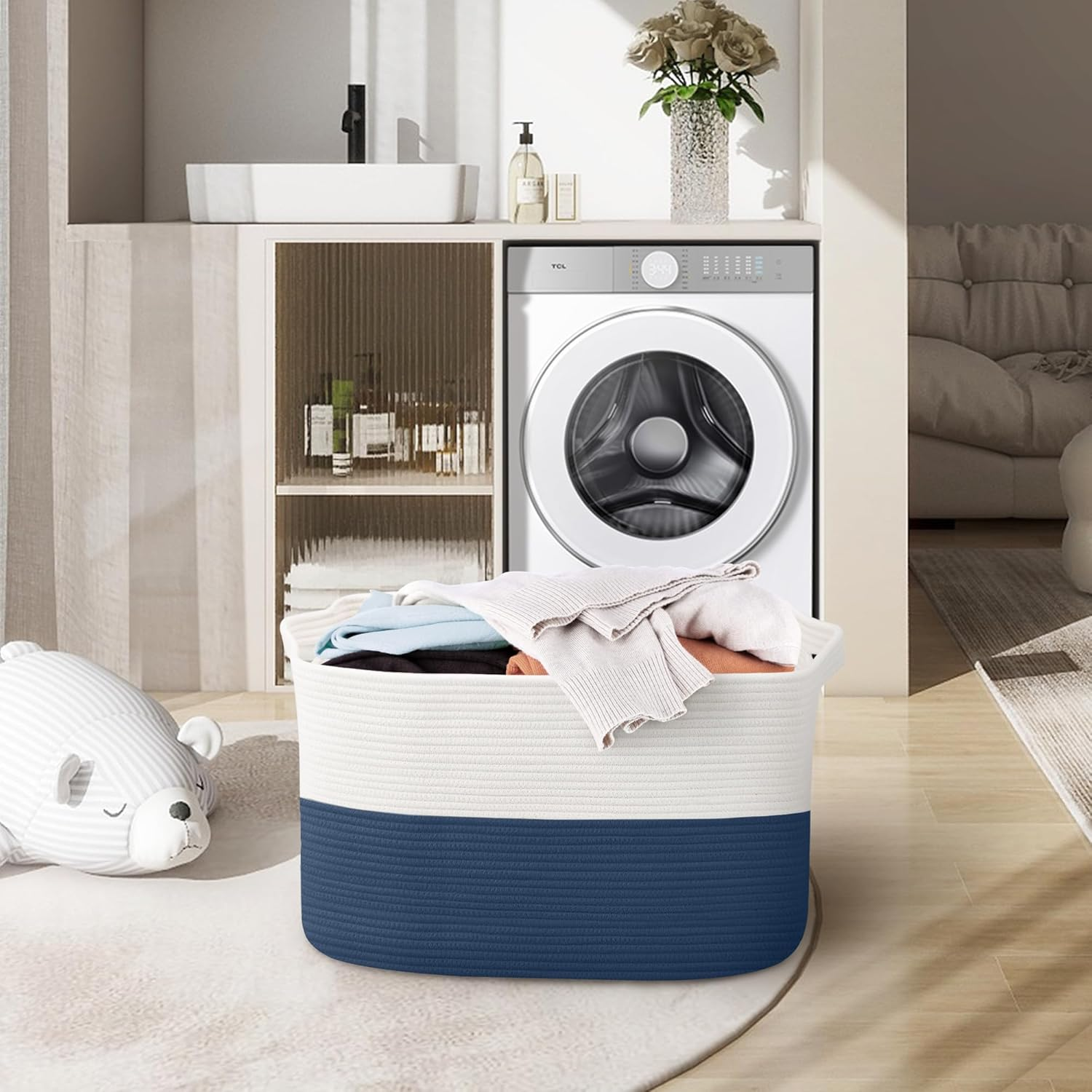 MEGASKET Extra Large Rectangle Rope Basket, 23.6" X 15.7" X 14.1" Kids Room Toy Stuffed Animals Basket Box Organization, Towel Storage Basket, Baby Clothes Basket, Living Room Storage Bin, Dark Blue - Brown image number 5