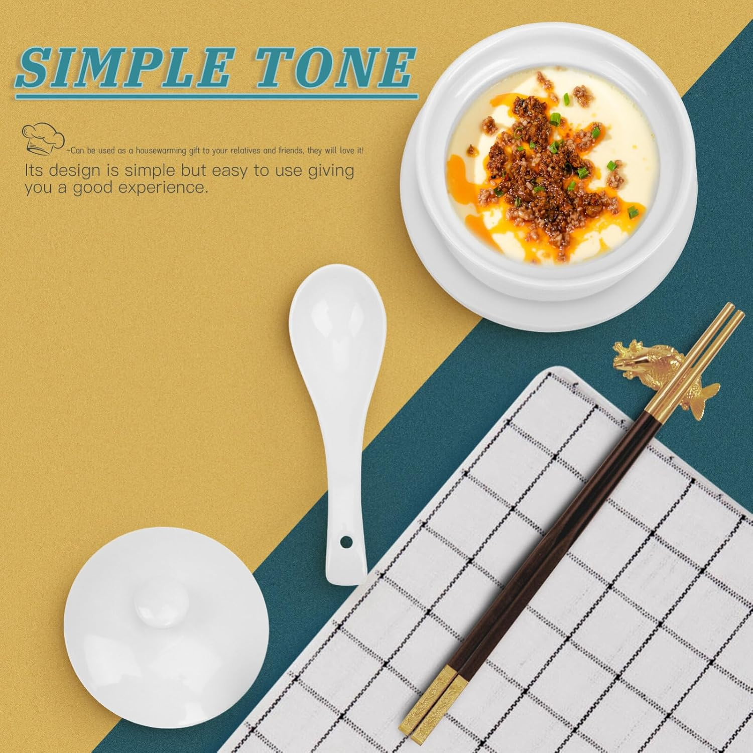 Angoily 1Set Ceramic Stewing Bowl Lid Delicate Soup Bowl for Restaurant Use for Steamed Eggs Soups and Desserts Spoon and Plate Safe for Microwave and Dishwasher image number 6