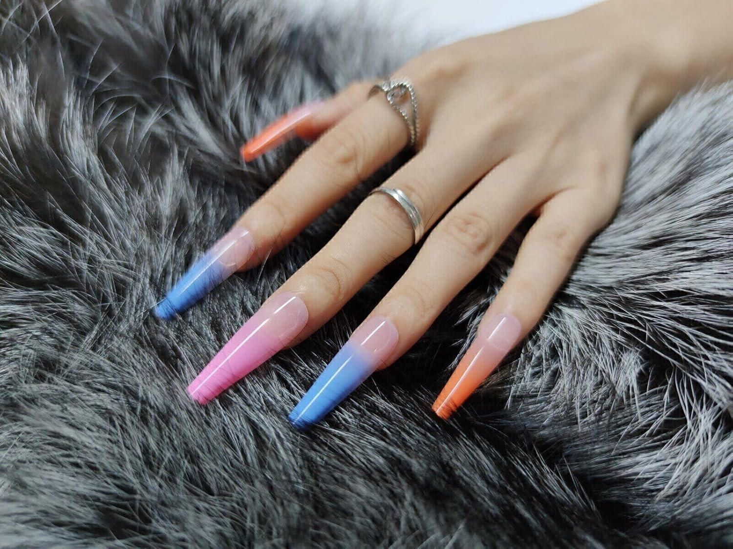 Press on Nails Fake Long Coffin Nail Tips Rainbow Ombre 20 Pcs image number 4