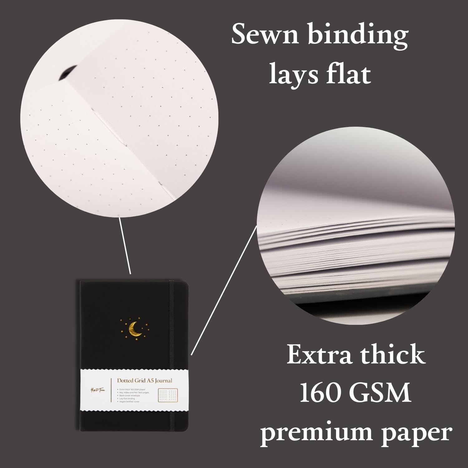 Yop & Tom Dotted Journal Notebook A5 - Moon and Stars - Updated 2021 Design - with Extra Thick Paper (160 GSM) - Bullet Grid Journal - Charcoal image number 4