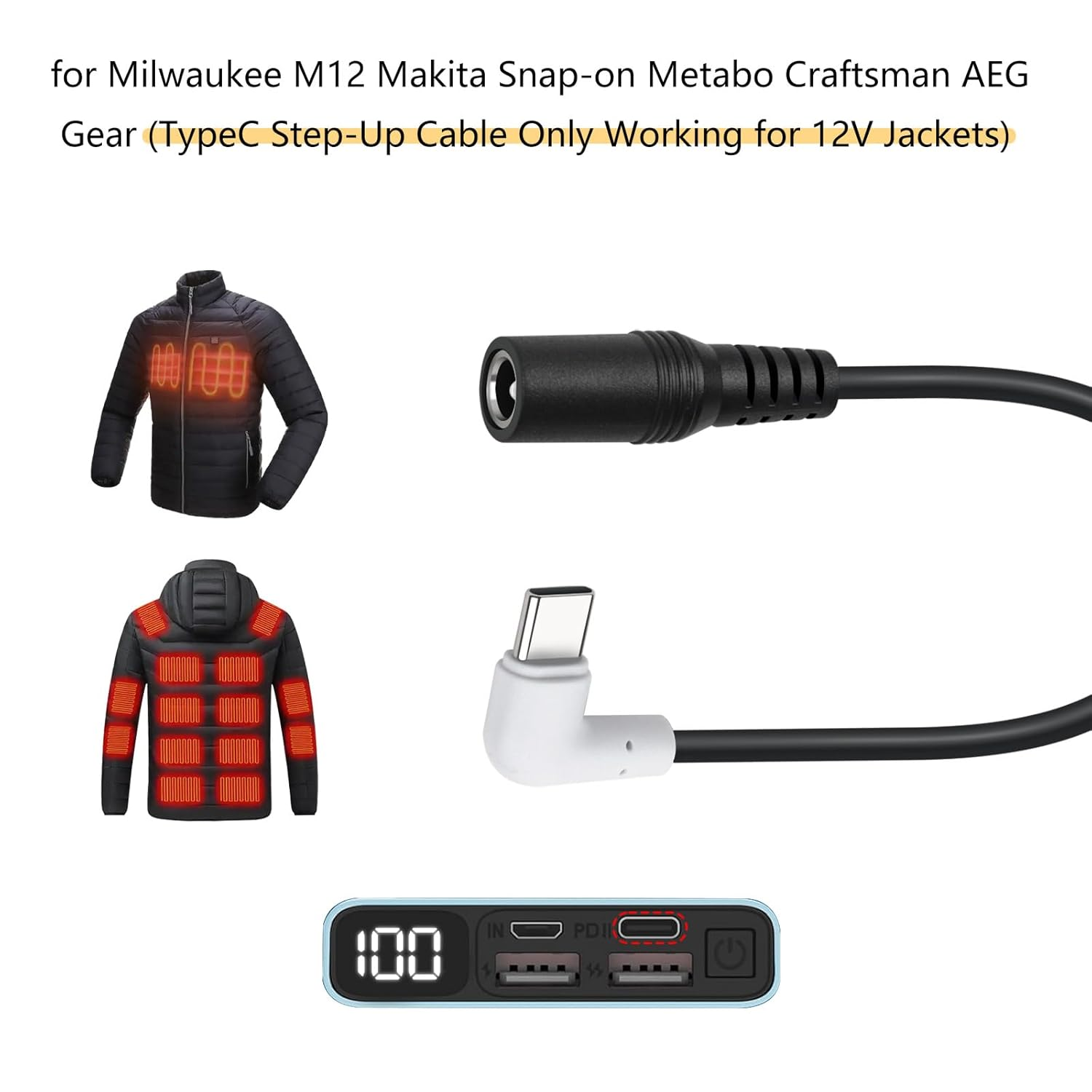 Xzgm 12V Heated Jacket Battery Typec Step-Up Cable Compatible with Milwaukee M12 Makita Snap-On Metabo Craftsman AEG Gear Adapter Charger image number 1