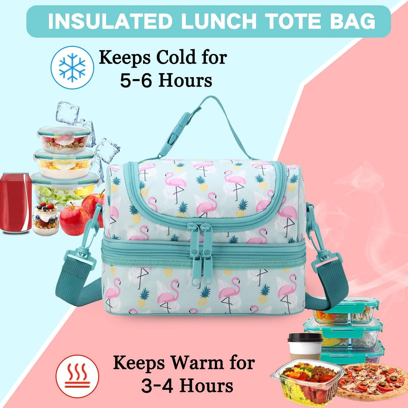 Lunch Box Bag Kids,Vaschy Insulated Two Compartments Cooler Bags Girls/Women W Shoulder Strap for School,Daycare,Kindergarten,Picnic Flamingo - Black image number 3