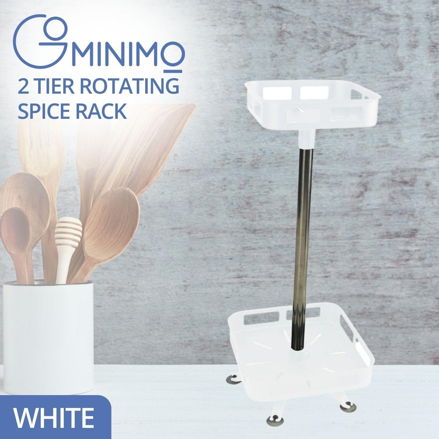 Gominimo 2 Tier 360&deg; Rotating Carbon Steel Spice Rack in Square Shape for Kitchen Table Pantry Countertop, White image number 2