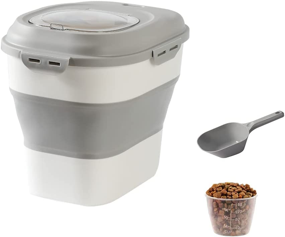 REASOR Dog Food Storage Container,Collapsible 15 Kg Large Capacity Dispenser Bin with Rolling Wheel Airtight Locking Lid,Dog Pet Cat Flour Sugar Kitchen Rice Leakproof Sealable Drying Barrel (Grey)
