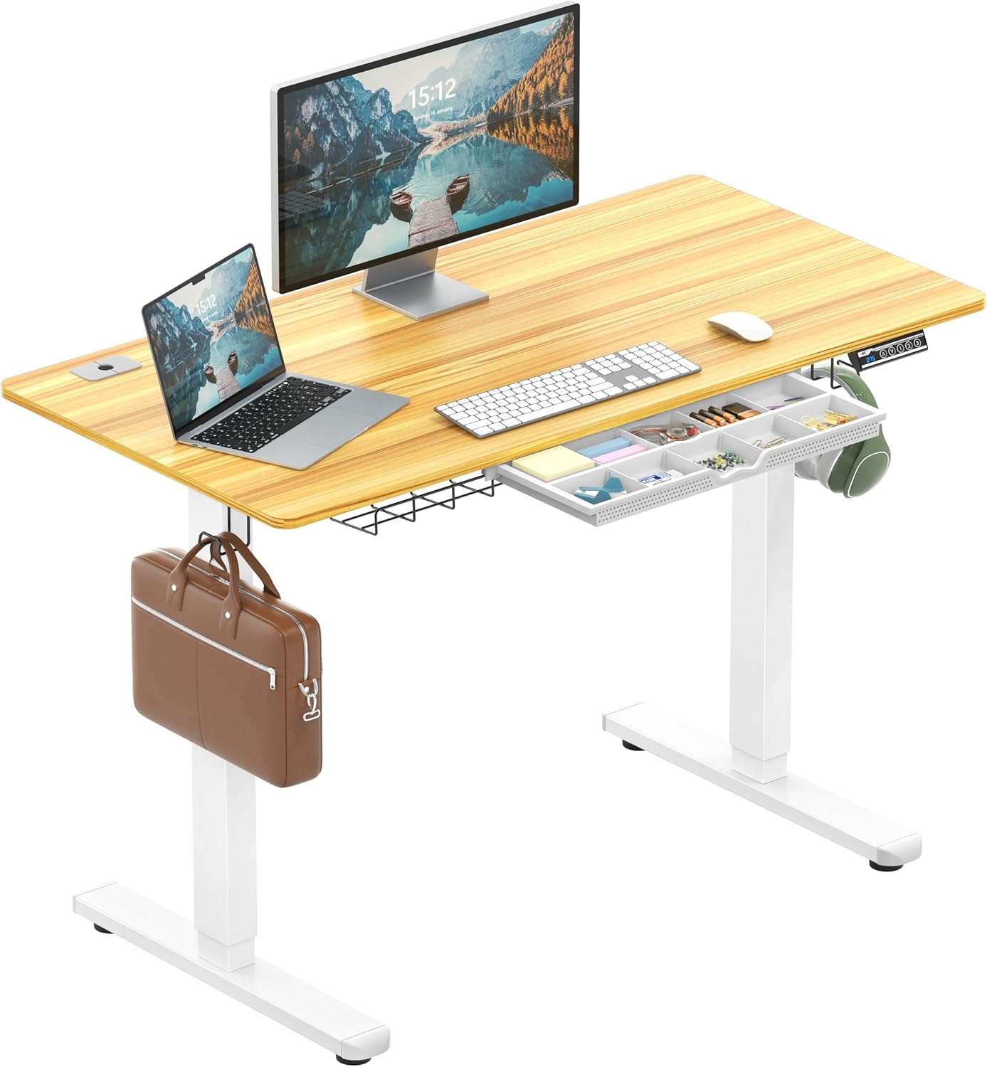 SHW 120 X 60 Cm Electric Height Adjustable Standing Desk with Memory Preset and Cable Management Tray, Maple