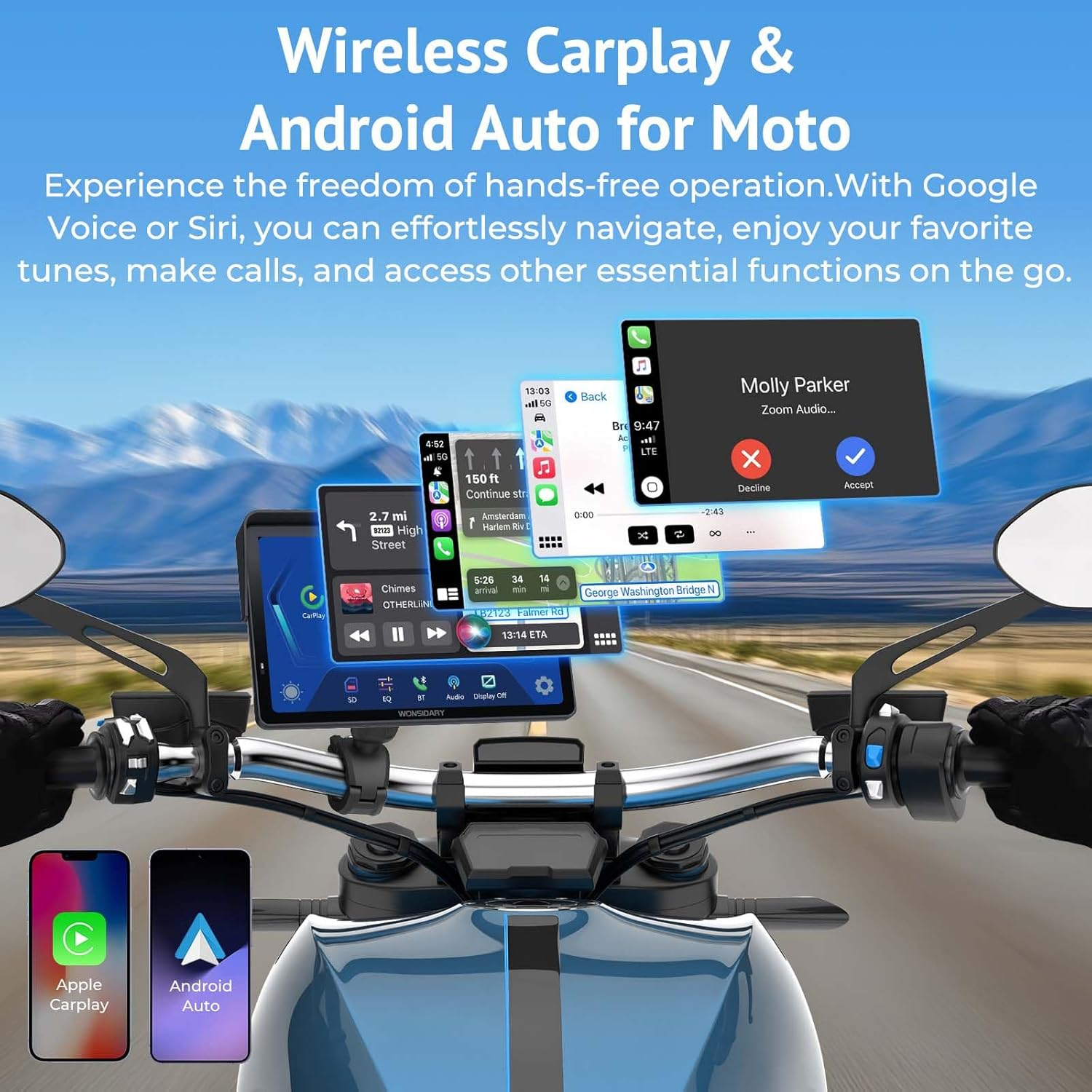 W722 for Motorcycle Carplay & Android Auto,7" Waterproof Smart GPS Navigation System Screen,Car Play Moto with Light Sensor,Dual Bluetooth,Siri/G-Assist,Eq,Usb/Hardwired Power Supply image number 3