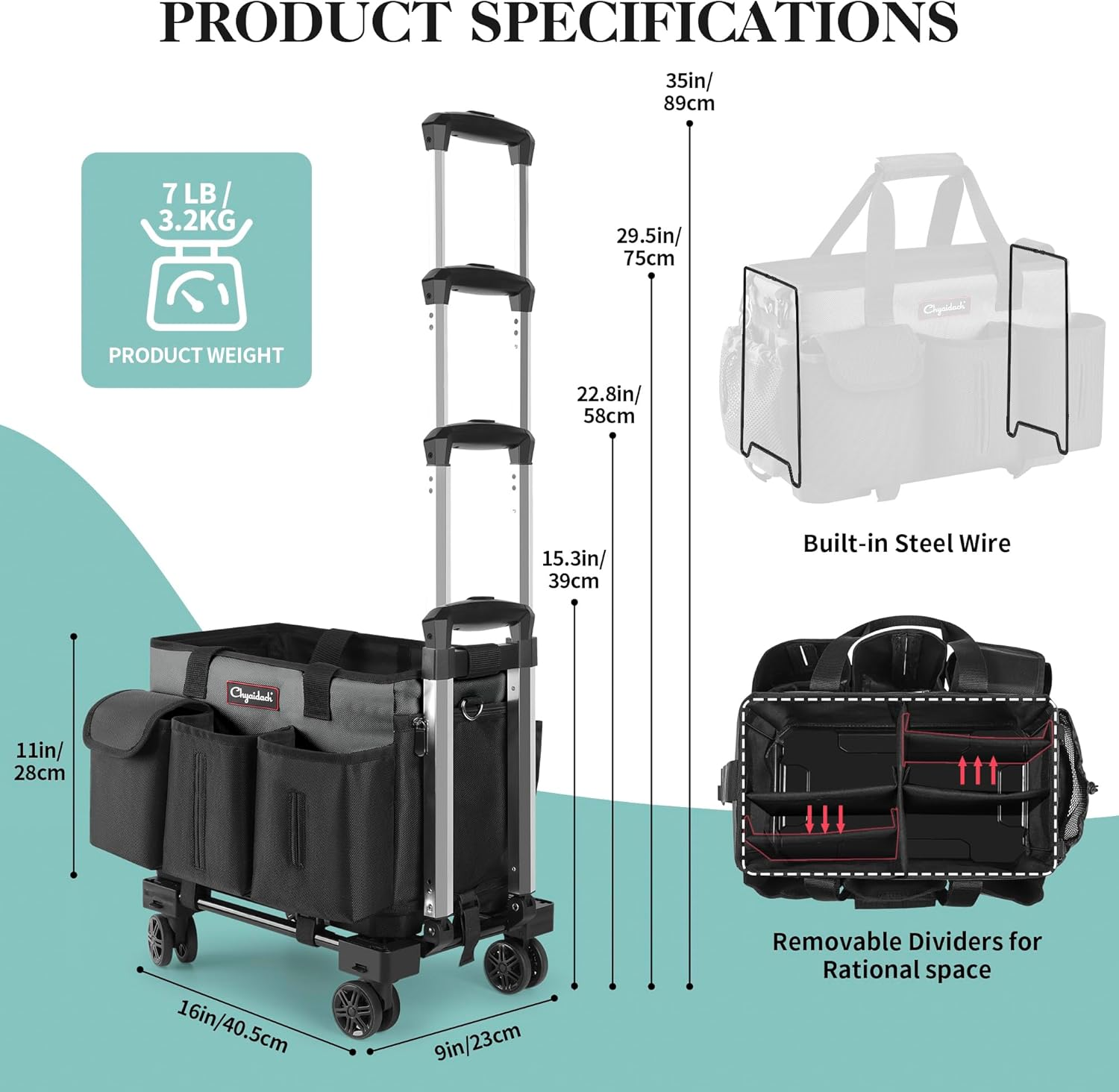 Chyaidach Rolling Cleaning Caddy, Cleaning Supplies Organizer with Trolley, Wearable Cleaning Tote Bag on Wheels with Hard Bottom, Cleaning Carts for Housekeepers/Home/Car/Office/Picnic (Grey) image number 3