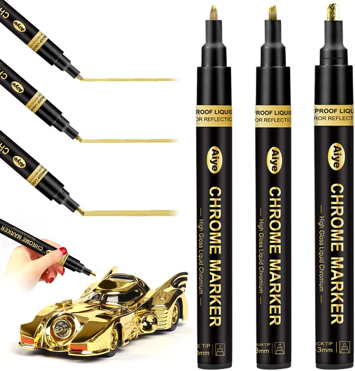 Claumeng 3PCS Liquid Chrome Marker Mirror Paint Pen Set Metallic Marking Markers DIY Art Craft Highlight for Metal Rock Wood Fabric Glass Canvas Width 1Mm to 2Mm (Gold) image number 6