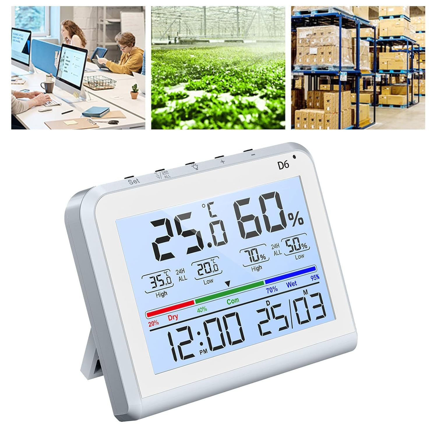 Digital Thermometer Hygrometer, Indoor Temperature and Humidity Gauge with 3.34 Inch LCD Screen, Time and Date Display, for Office, Garden, Warehouse image number 5