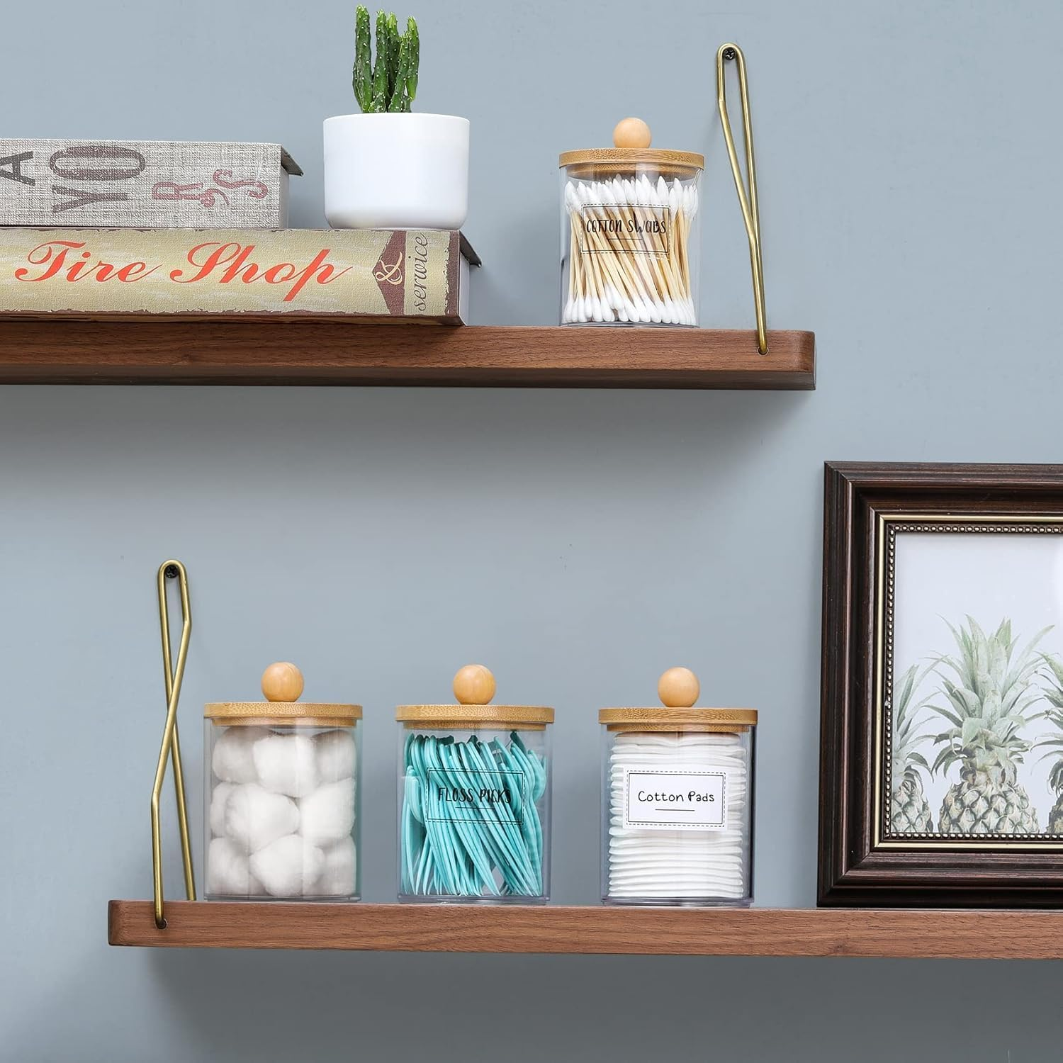 4 Pack Qtip Holder Dispenser with Bamboo Lids - 10 Oz Clear Plastic Apothecary Jar Containers for Vanity Makeup Organizer Storage - Bathroom Accessories Set for Cotton Swab, Ball, Pads, Floss image number 5