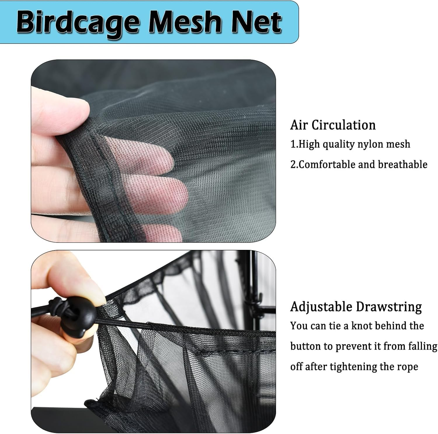 ASOCEA Bird Cage Seed Catcher Adjustable Bird Cage Cover Soft Nylon Mesh Net with Drawstring Birdcage Skirt Feather Guard for round Square Cages (Black) (200 X70 Cm) image number 1